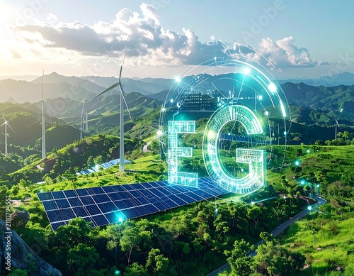 Aerial view of mountainous landscape featuring wind turbines, solar panels, and a digital representation of energy and technology