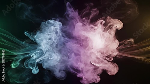 Colorful smoke clouds in purple blue green and yellow on black background with abstract shapes