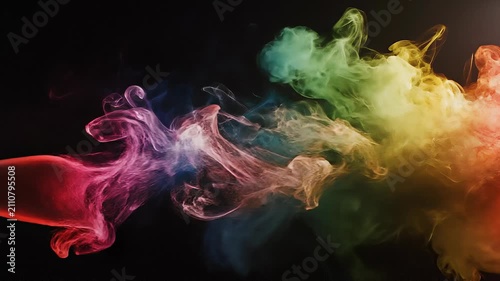 Vibrant colorful smoke swirling in dark background with red green yellow purple hues abstract art