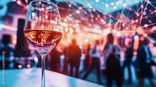 A wine glass in focus with a blurry event backdrop, bright lights, and connections