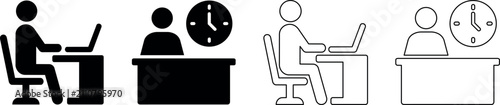 Person working at desk with laptop and clock, representing time management and productivity