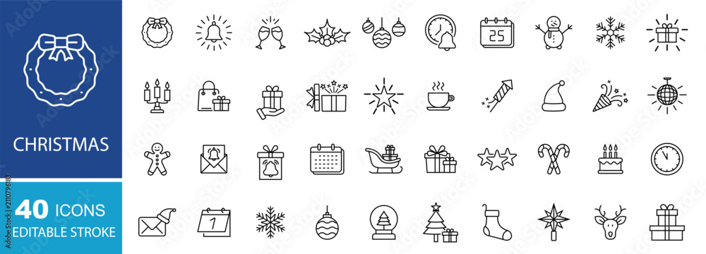 Fototapeta premium Christmas outline icons. Holiday symbol. Xmas icons collection. Fireworks, celebration, champagne, calendar, clock, gift, confetti. Editable stroke
