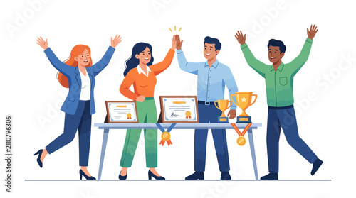Diverse team celebrates success, awards and trophies on table, high five