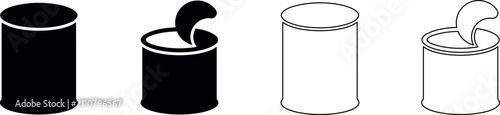 Set of four icons representing canned food, both open and closed, in black and white
