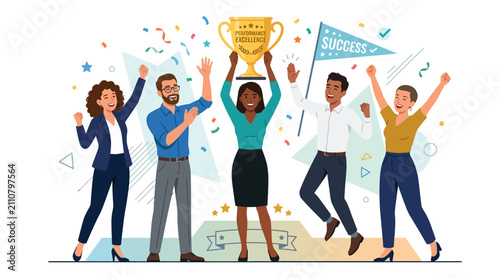 Diverse team celebrates victory, holding trophy and cheering with confetti and success banner