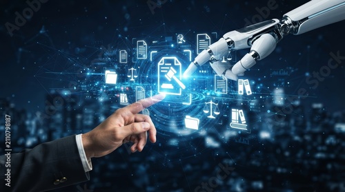 Artificial intelligence and law intersection with a robot hand and legal documents.