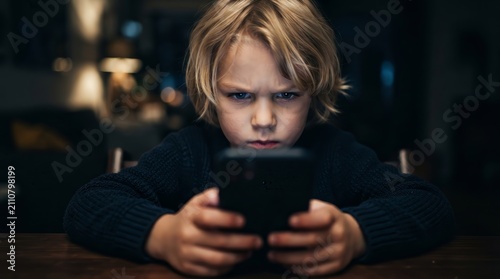 A young boy with a serious expression stares intently at a smartphone screen.
