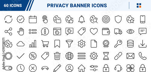 Cookie consent banner kit line icon set. Vector pictograms of privacy, gdpr, management, and settings elements, thin linear illustration.