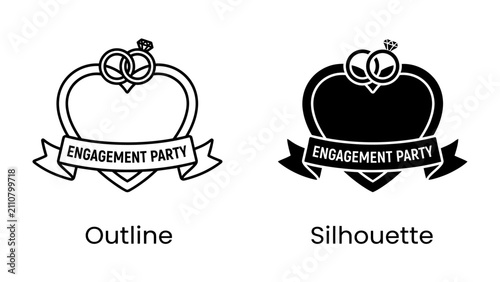 Fotografía Engagement Party Icon: A graphic representation of engagement featuring two intertwined rings atop a heart-shaped frame with a banner proclaiming 'Engagement Party'