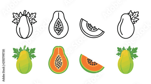 Foto Papaya Fruit Illustrations And Line Silhouettes On White Background