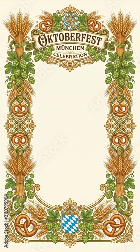 Oktoberfest celebration frame template with pretzels wheat and hops vintage border for Bavarian beer festival menu design