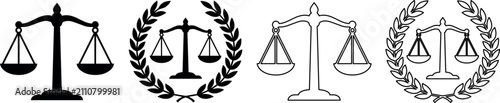 Fotografie Scales of justice symbol and laurel wreath icons in black and white