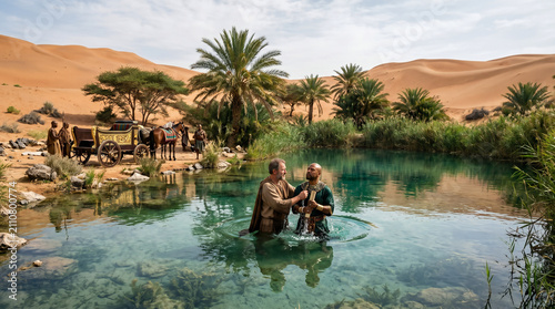 Philip baptizing the Ethiopian eunuch in a desert oasis after explaining the scroll of Isaiah