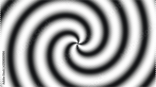 Black and white halftone spiral pattern with radial vortex effect for background, and overlay in, visual composition