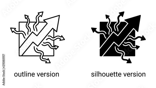 Bild auf Leinwand Upward Trend Icons: Two stylized icons depicting an upward-trending arrow within a square, surrounded by smaller outward-pointing arrows, representing growth and outgoing data or energy