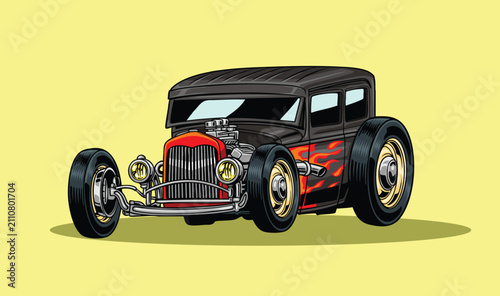 Bild auf Leinwand Vintage style detailed hand drawn graphic of a black hot rod car featuring flame