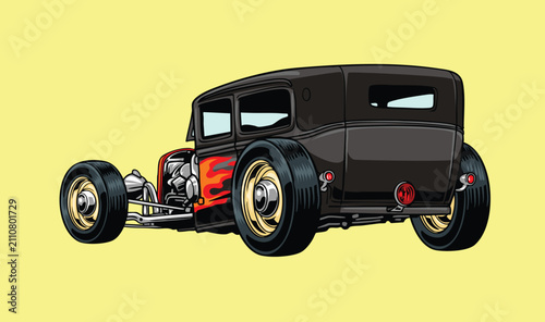 Cuadro en lienzo Detailed retro hand drawn illustration of a classic black hot rod car with flame