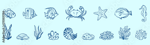 Canvastavla Hand drawn outline vector collection of isolated ocean animals and marine elements including tropical fish, crab, seahorse, starfish, corals, seaweed, sponge, nautilus shell and rocks