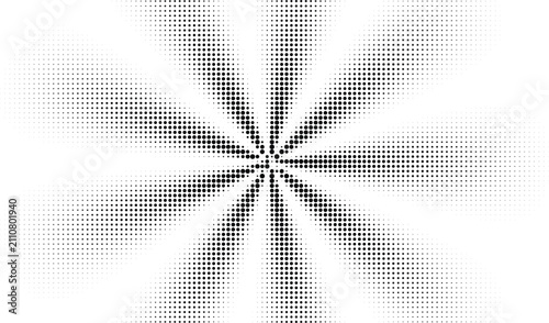 Black and white halftone sunburst pattern with radial dots, background, for projects, monochrome, circular starburst effect