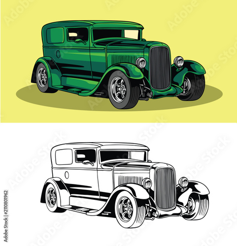 Foto Detailed vintage hand drawn graphic set of a green classic hot rod sedan featuri