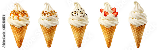 Vanilla soft serve ice cream cones set isolated PNG, waffle cones with different toppings like caramel nuts chocolate chips and strawberries on transparent background, sweet desserts collection mockup