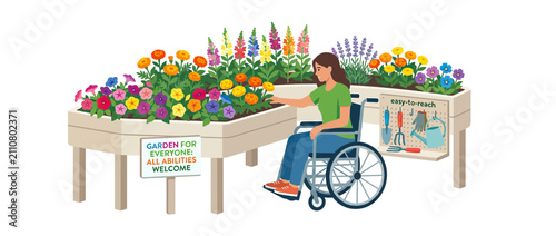 Woman in wheelchair gardening with accessible raised beds