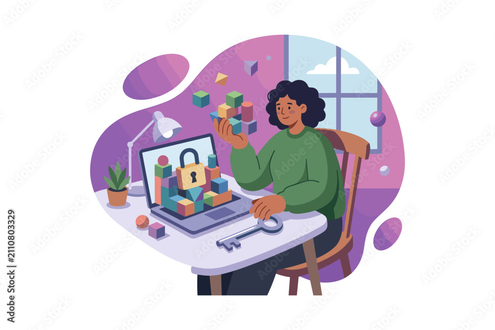 Naklejka premium Woman building digital security with blocks and laptop, holding a key