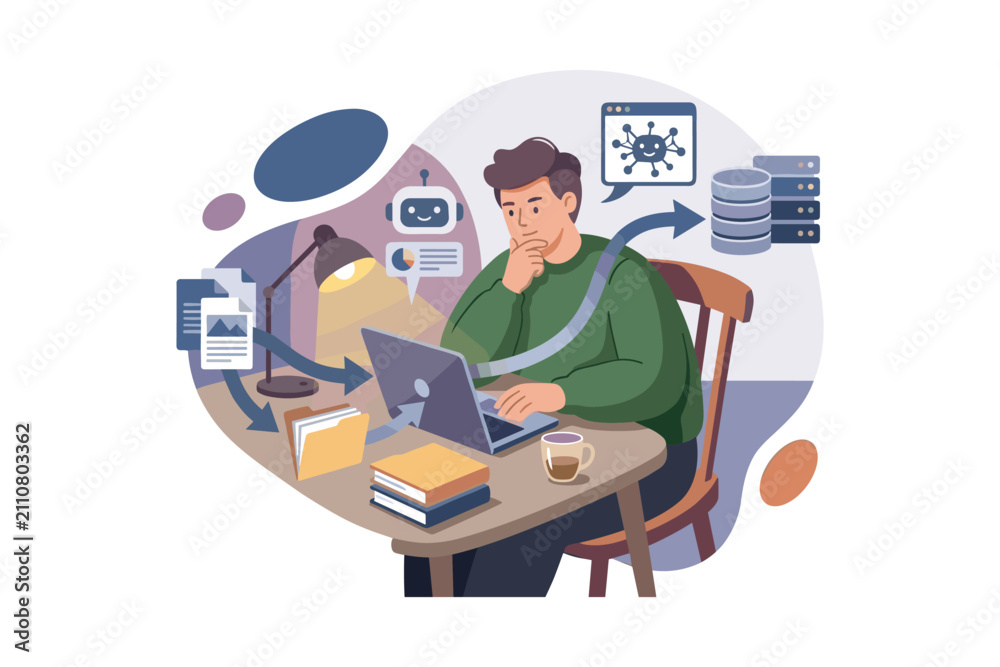 Fototapeta premium Man working on laptop with data flow and AI bot illustration