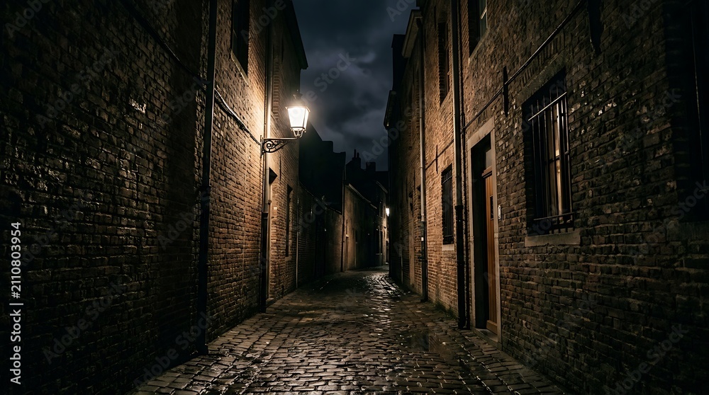Obraz premium Narrow old stone alleyway in a historic european city at night with warm glowing street lamp lighting the cobblestones