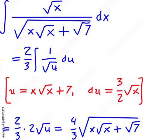 Obraz na plátně Mathematical integral formula with algebraic substitution and square root expression, educational calculus equation isolated on a clean white background