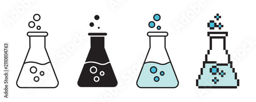 Photos A collection of Erlenmeyer flask icons including outline with editable stroke, solid silhouette, flat color with liquid bubbles, and retro pixel art style for education and chemistry