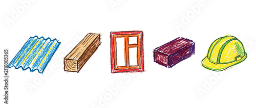 Construction material icons set. Building and renovation concept. Includes corrugated roof, wooden beam, window frame, brick, hard hat. Hand-drawn doodle style