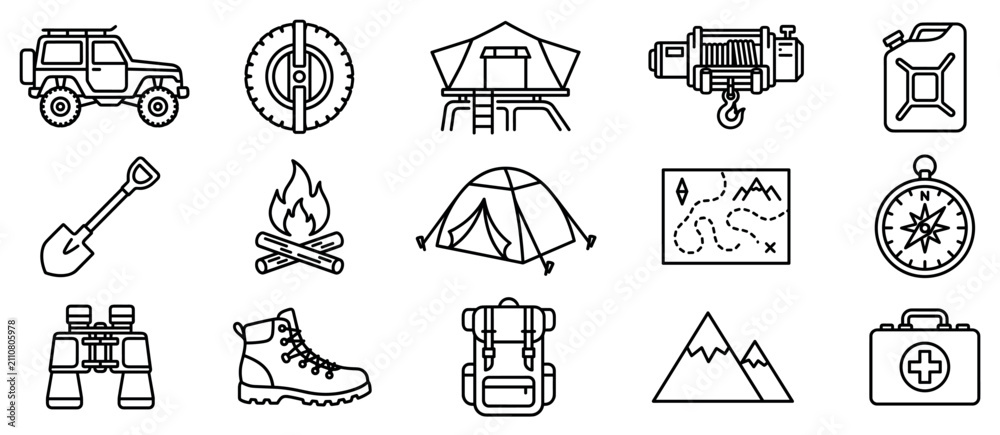 Fototapeta premium Outdoor adventure icons set. Camping and exploration concept. Includes off-road vehicle, spare tire, rooftop tent, winch, jerrycan, shovel, campfire, tent, map, compass, binoculars, hiking