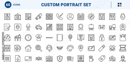 Caricature artist website line icon set. Vector pictograms of portrait, illustrator, live, and sketching elements, thin linear illustration.
