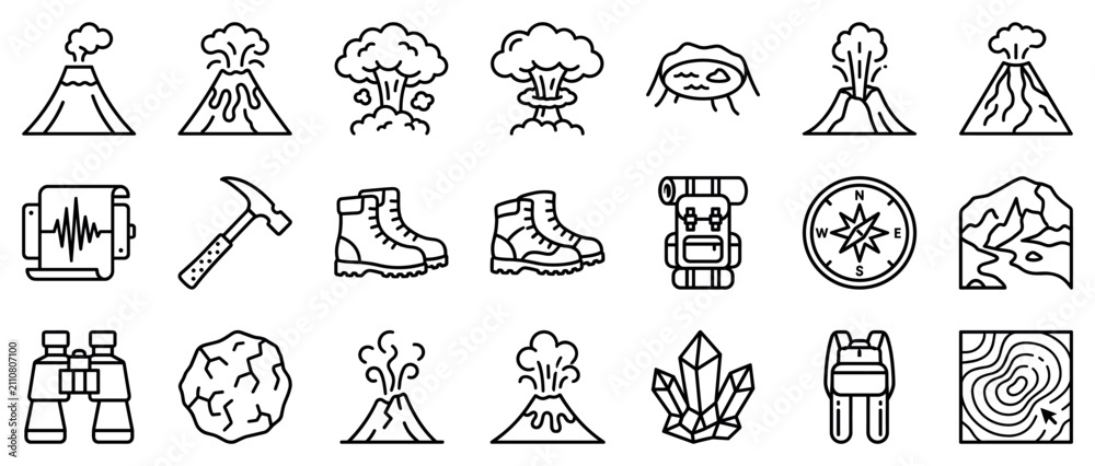 Fototapeta premium Geology and vulcanology icons set. Earth science and natural phenomena concept. Includes volcano, explosion, seismograph, hammer, boots, backpack, compass, mountain, binoculars, rock,