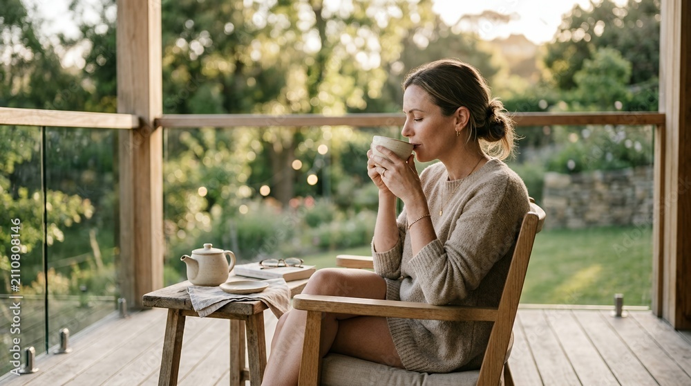 Fototapeta premium Woman enjoying a warm beverage on a wooden balcony surrounded by lush greenery.