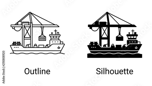 Ship and Crane Icons: This image displays two icons of a cargo ship being loaded by a crane in a port, one in outline style and the other in silhouette.