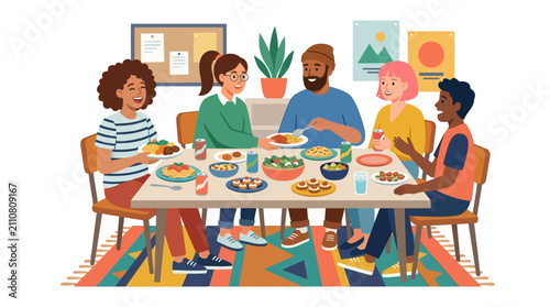 Diverse multicultural friends sharing meal and laughing at a communal dinner table flat vector illustration