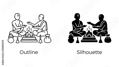 фотографія Spiritual Ritual: Two individuals engage in a solemn spiritual ritual around a sacred fire, complete with ceremonial offerings and adornments, symbolizing devotion and tradition