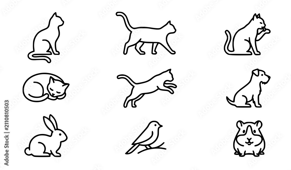 Obraz premium Minimal Pet Animal Outline Icons Cat Dog Rabbit Bird and Hamster Collection for Veterinary Design
