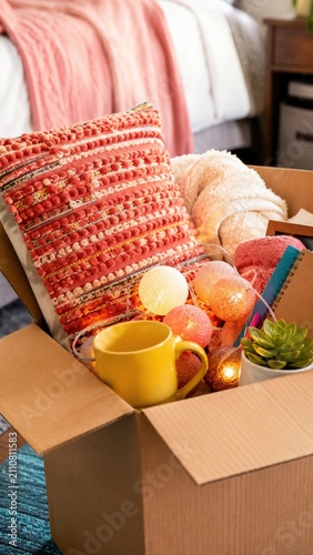 Cozy Dorm Essentials Packed in Moving Box