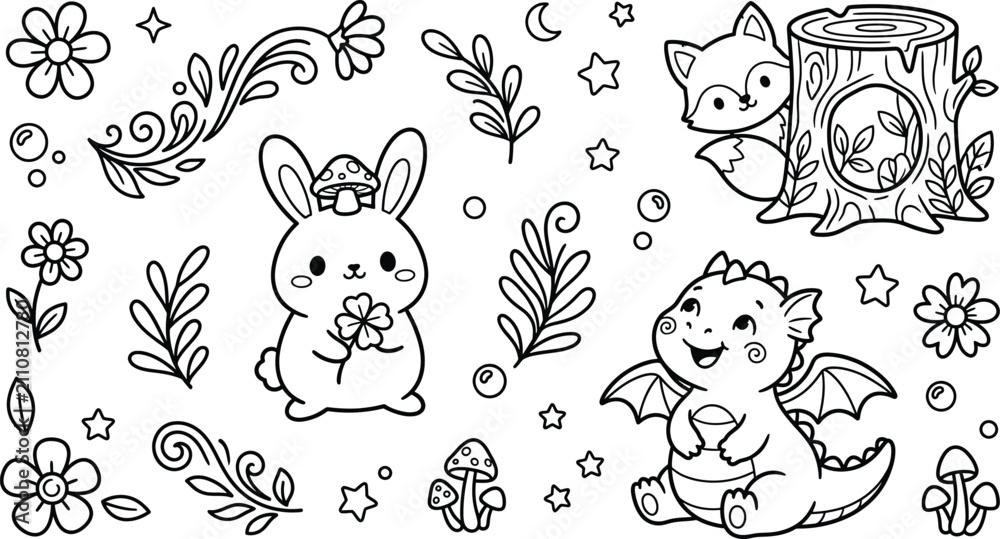 Fototapeta premium Vector illustration of cute rabbit and baby dragon in the forest coloring page design with coloring mushroom woodland children illustration creative activity isolated adventure
