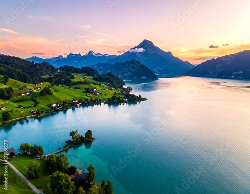 Aerial view of serene lake nestled between lush green hills and majestic mountain range, reflecting sunset colors