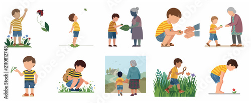 Schilderij op canvas Illustration set of a young boy exploring nature and spending quality time with his grandmother in the garden