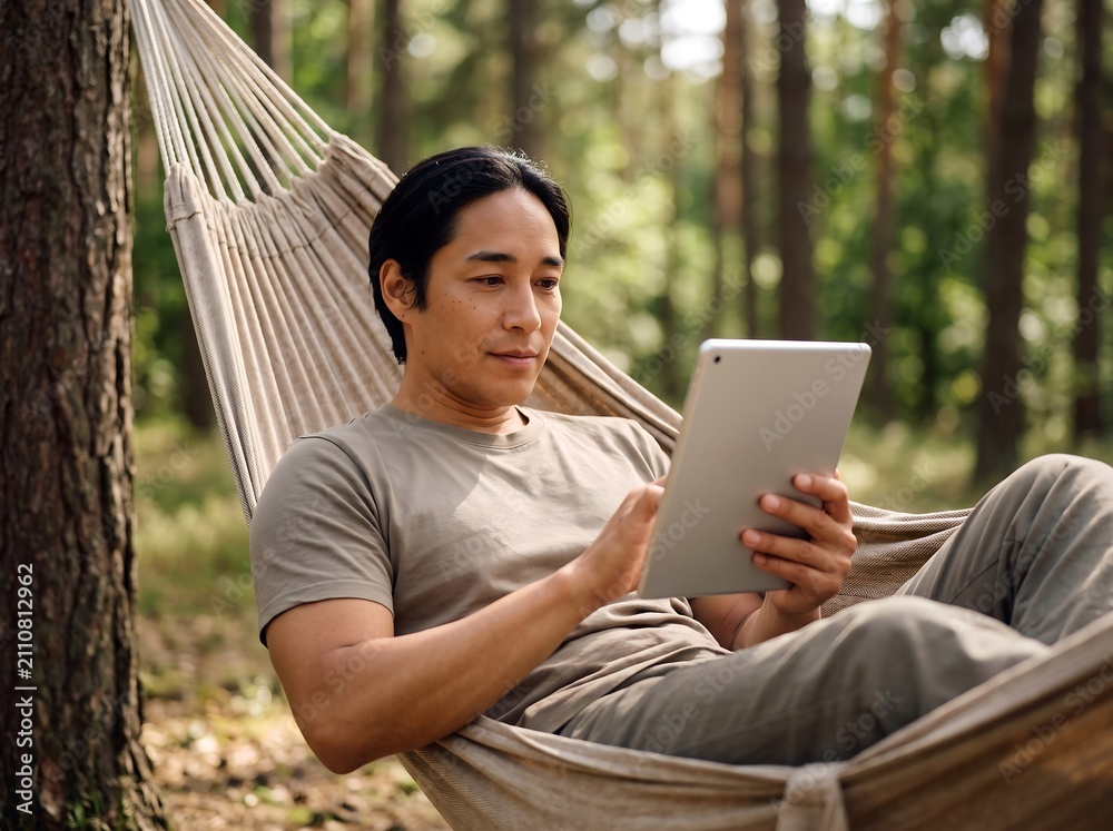 Fototapeta premium Man relaxing on hammock using tablet in forest