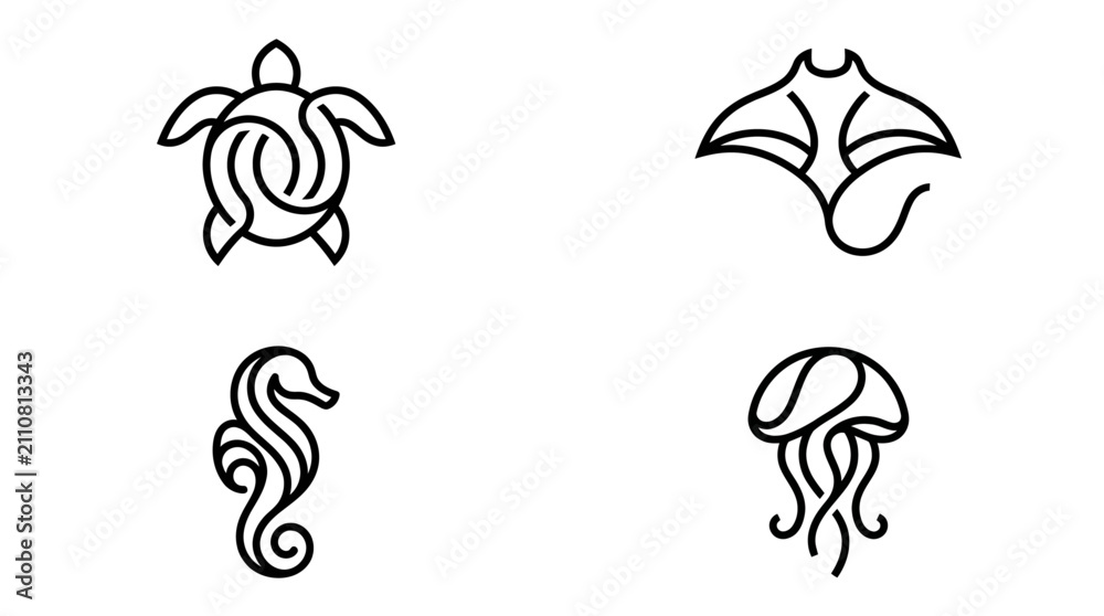 Fototapeta premium Marine Animal Outline Icon Set Vector Illustration