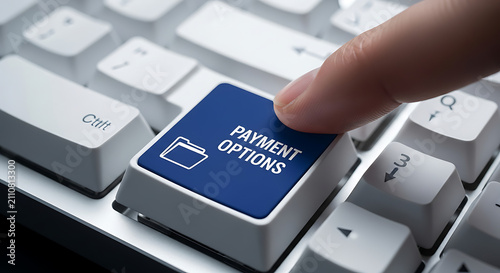 A finger pressing a blue payment options button on a white computer keyboard.