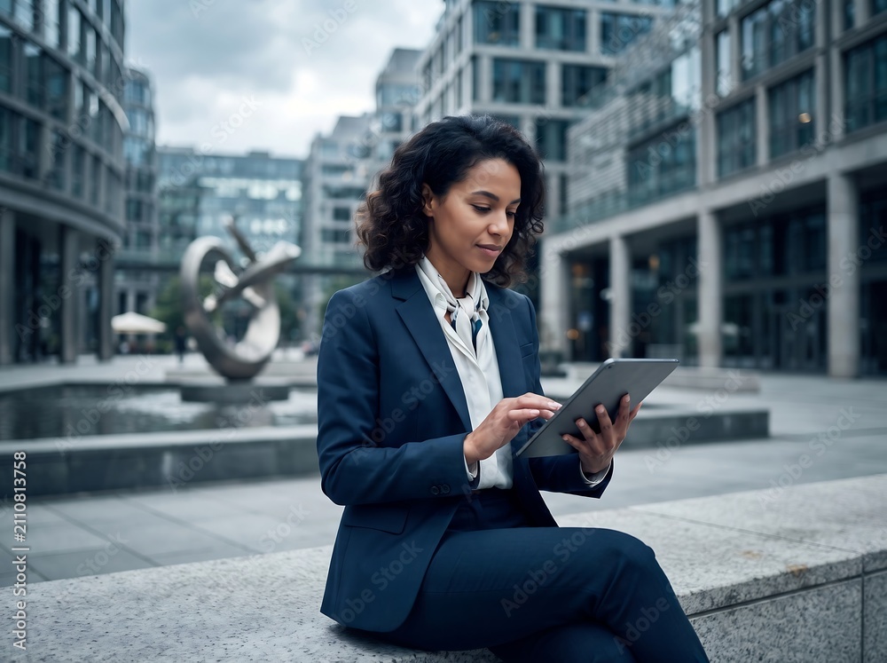 Fototapeta premium Professional woman using digital tablet outdoors in business suit