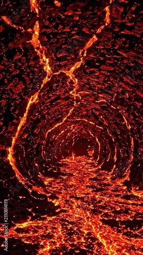 Molten lava flowing through a dark volcanic rock tunnel