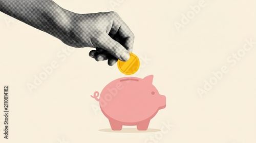 A hand is inserting a gold coin into a pink piggy bank, symbolizing saving money or financial investment.